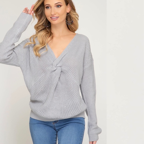 Front Twist Knit Sweater in Blue Gray - Picture 2 of 8
